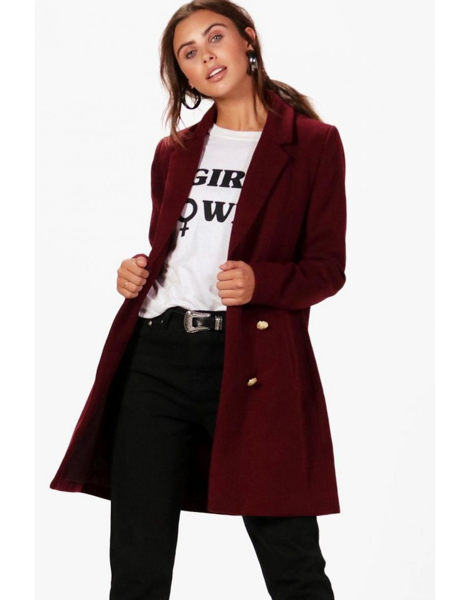 Petite Double Breasted Military Duster Coat - burgundy