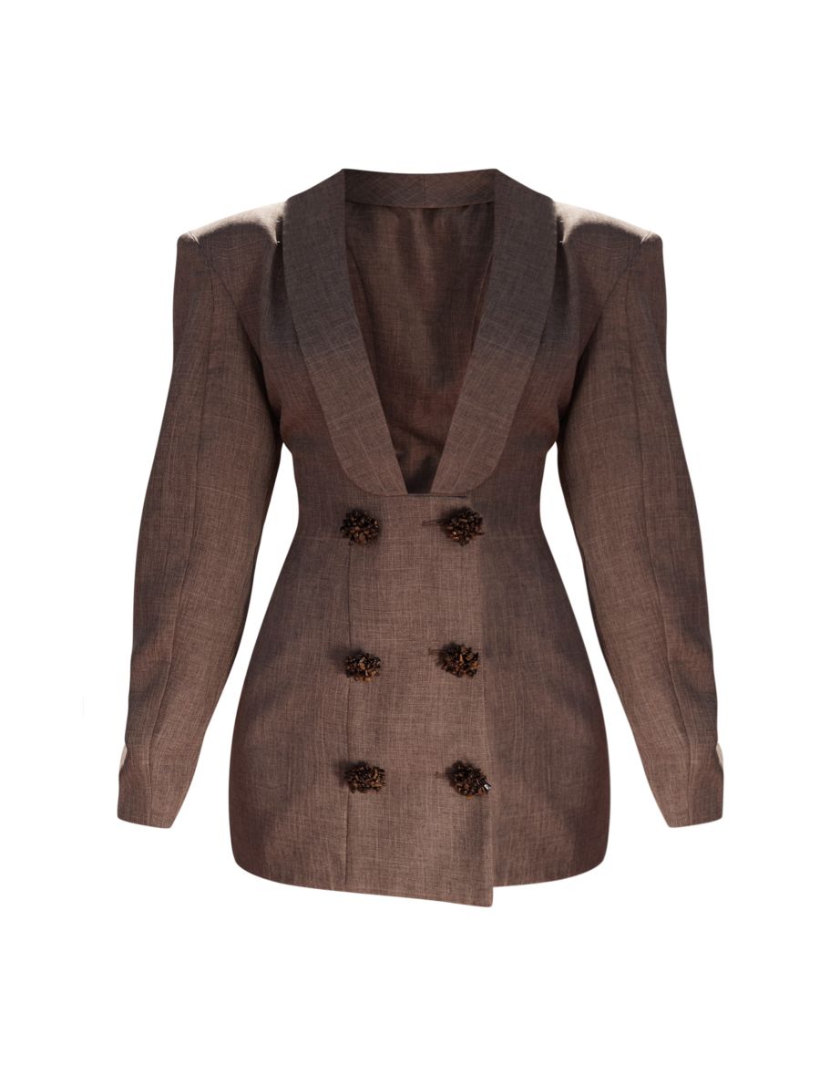 PLT Label Brown Textured Button Plunge Blazer Dress - 4