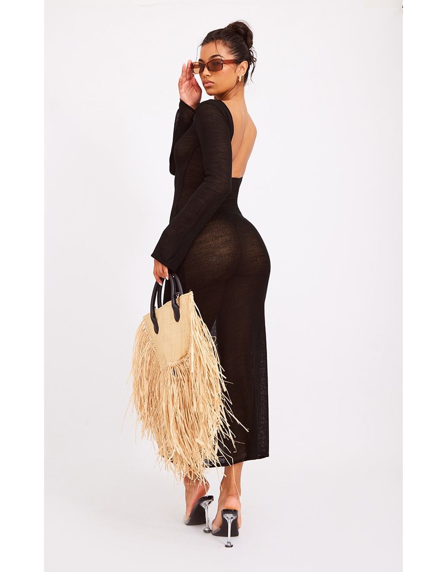 Black Scoop Back Filagree Knit Maxi Dress