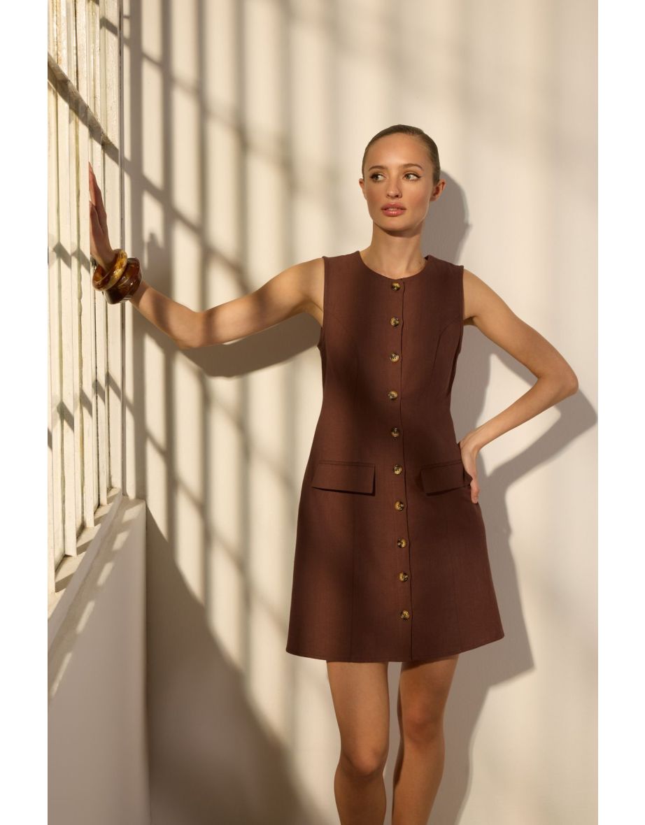 Brown Linen Blend Pocket Detailed Mini Woven Shirt Dress