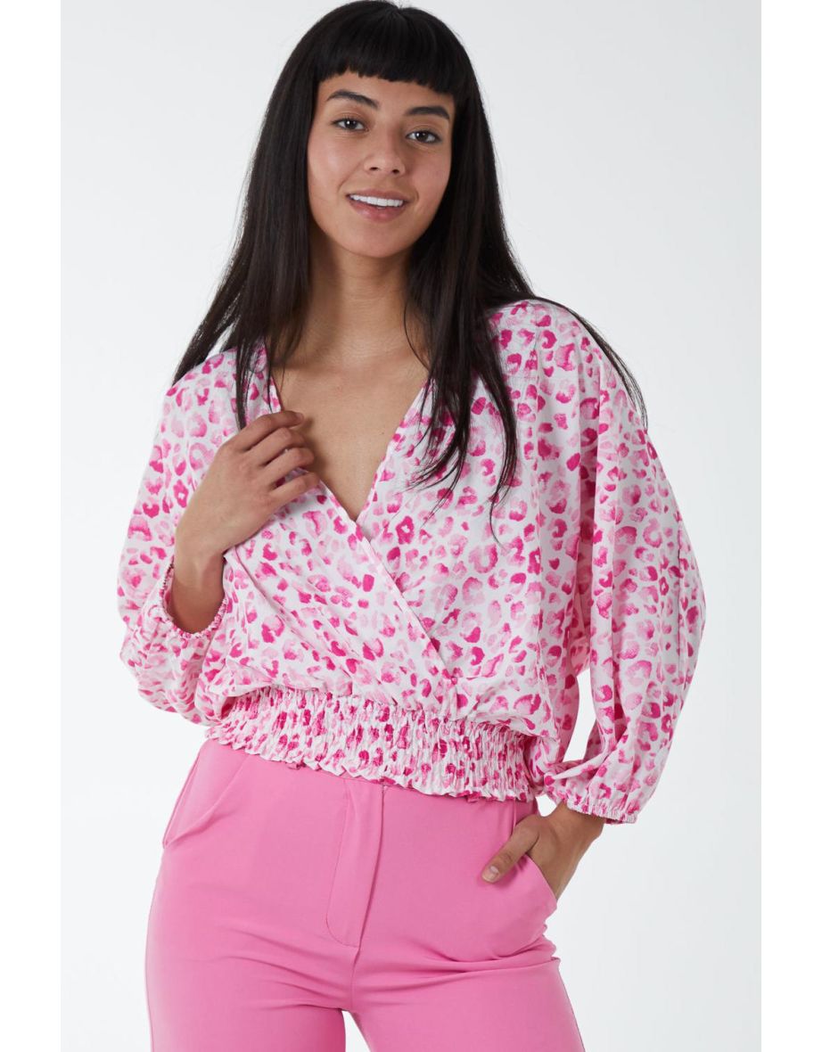 Elasticated Sleeve Wrap Front Elastic Hem Top