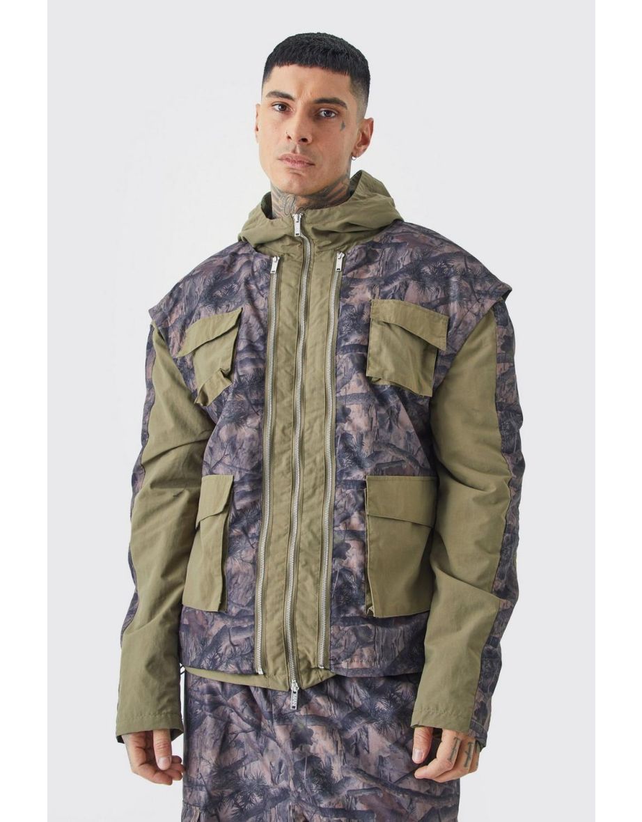 Boohooman jacket in khaki on sale camo