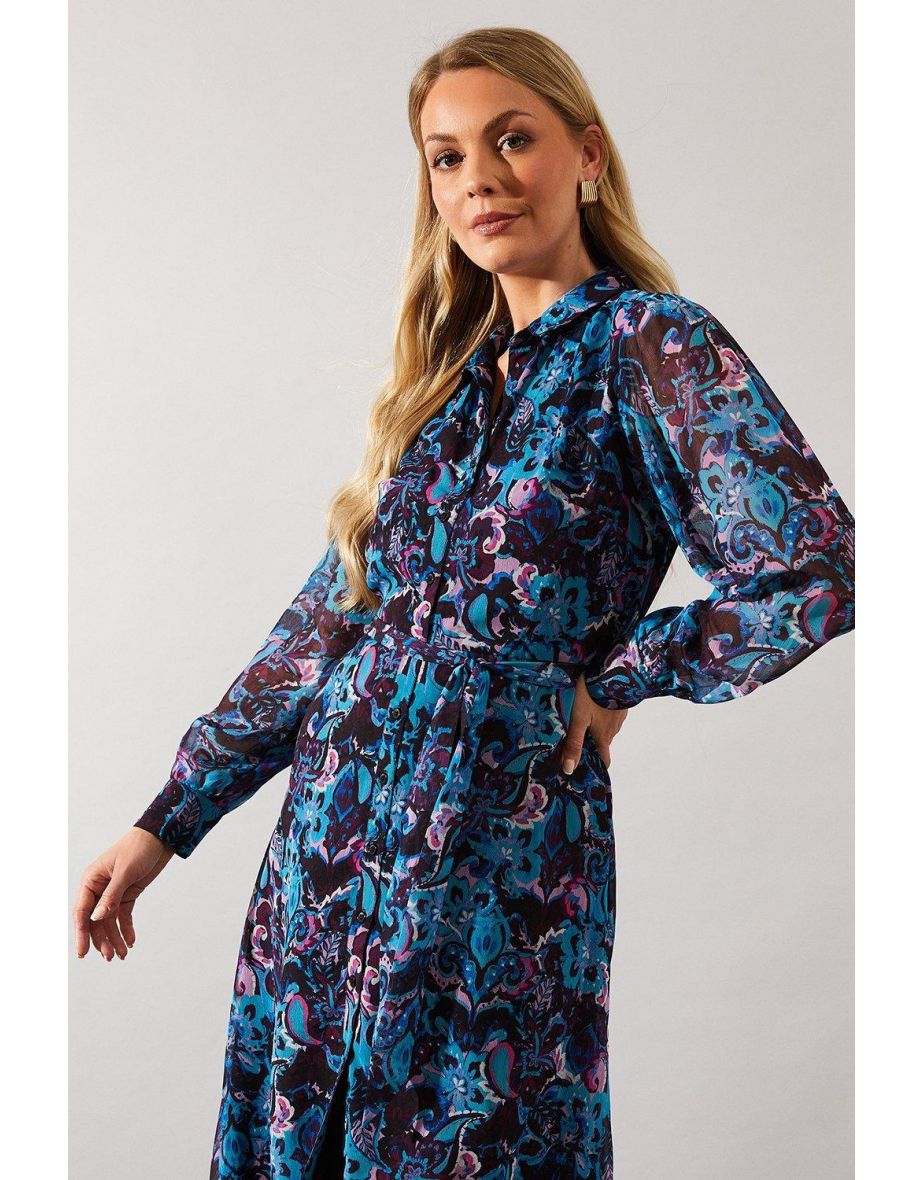 Abstract Border Print Belted Shirt Dress - 3