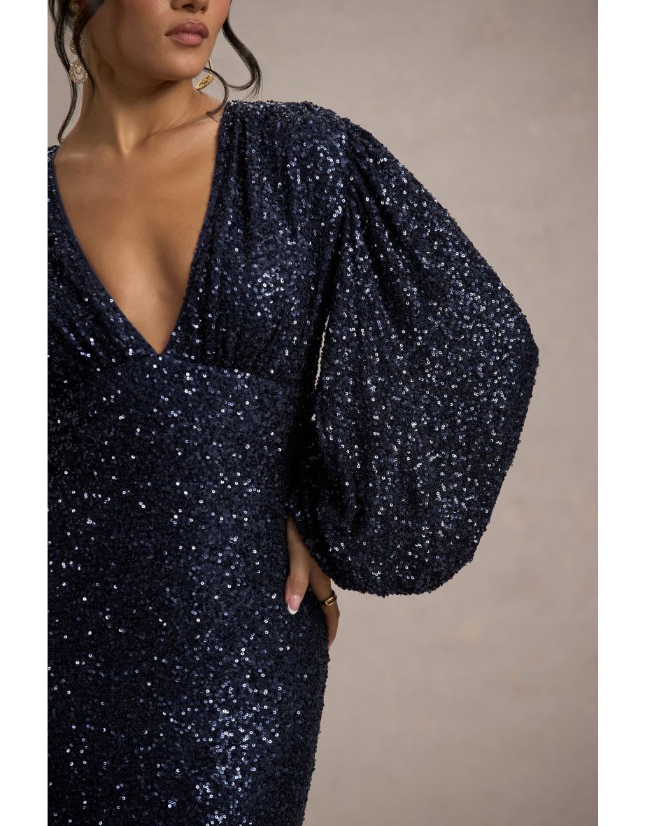 Kaelin | Navy Sequin Plunge-Neck Maxi Dress - 5