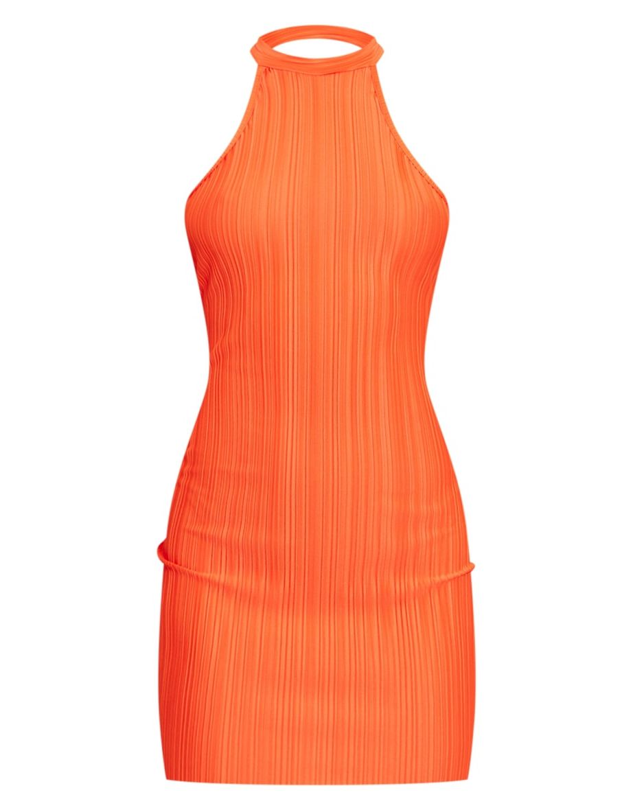 Orange Plisse High Neck Backless Shift Dress - 4