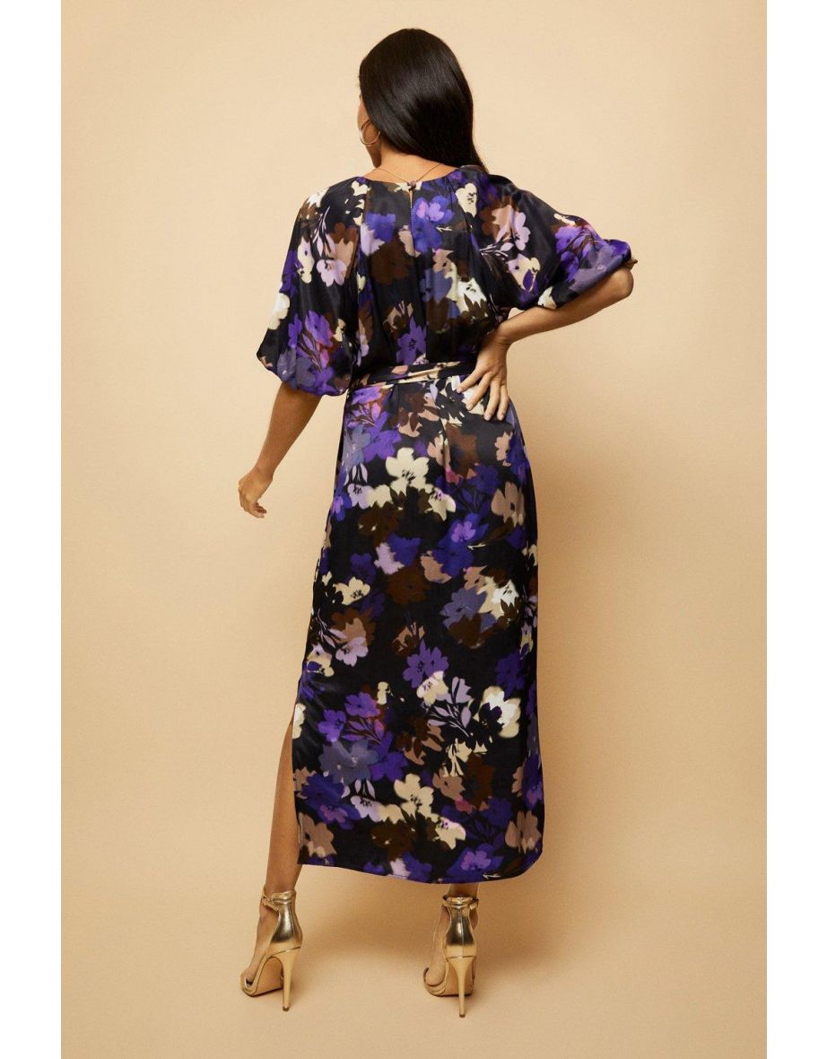 Purple Floral Satin Midi Dress - 2