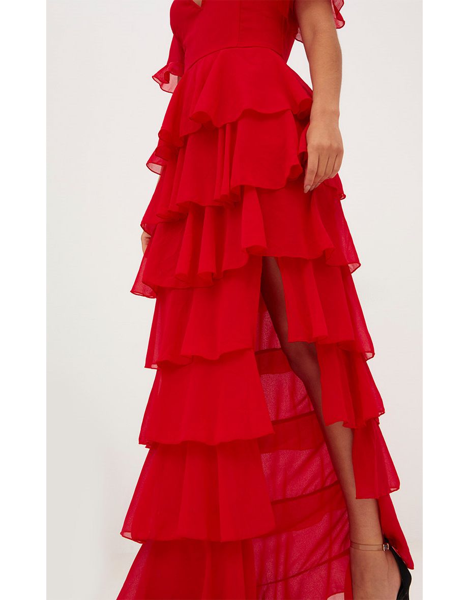 Red Chiffon Ruffle Layer Maxi Dress - 4