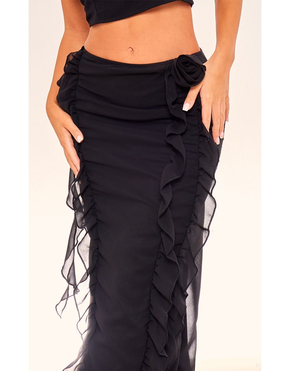 Black Chiffon Rosette Ruffle Detail Low Rise Maxi Skirt - 3