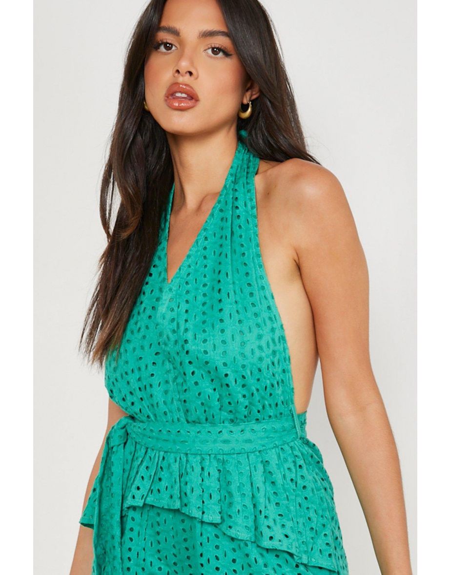 Broderie Halter Neck Frill Detail Playsuit - green - 3