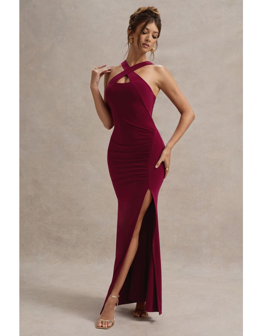 Jianna | Wine Cross Over Halter-Neck Split Maxi Dress - 4