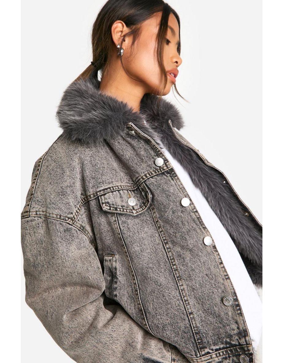 Faux Fur Collar Denim Jacket - grey - 3