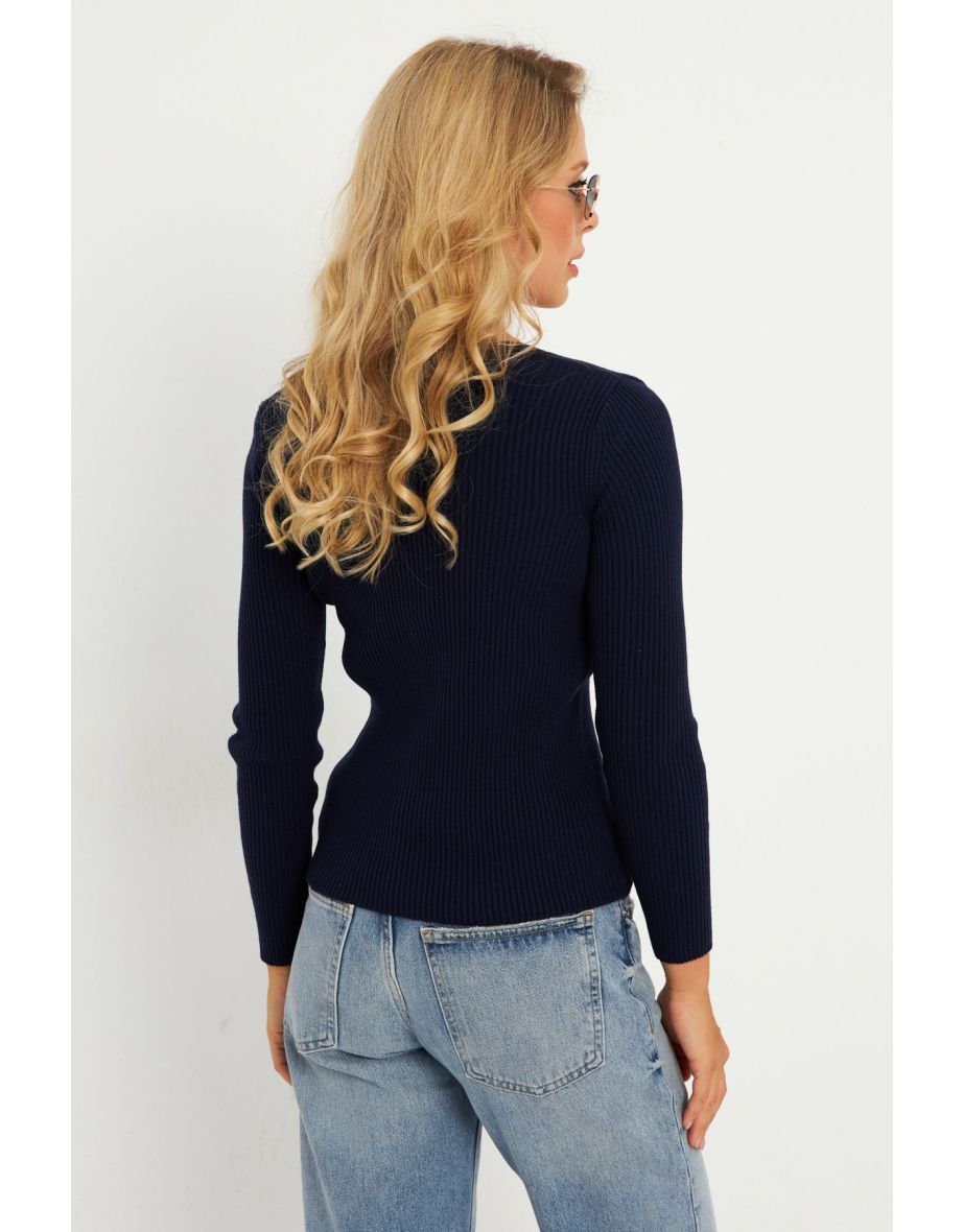 Women's Navy Blue Buttoned Knitwear Cardigan - 4