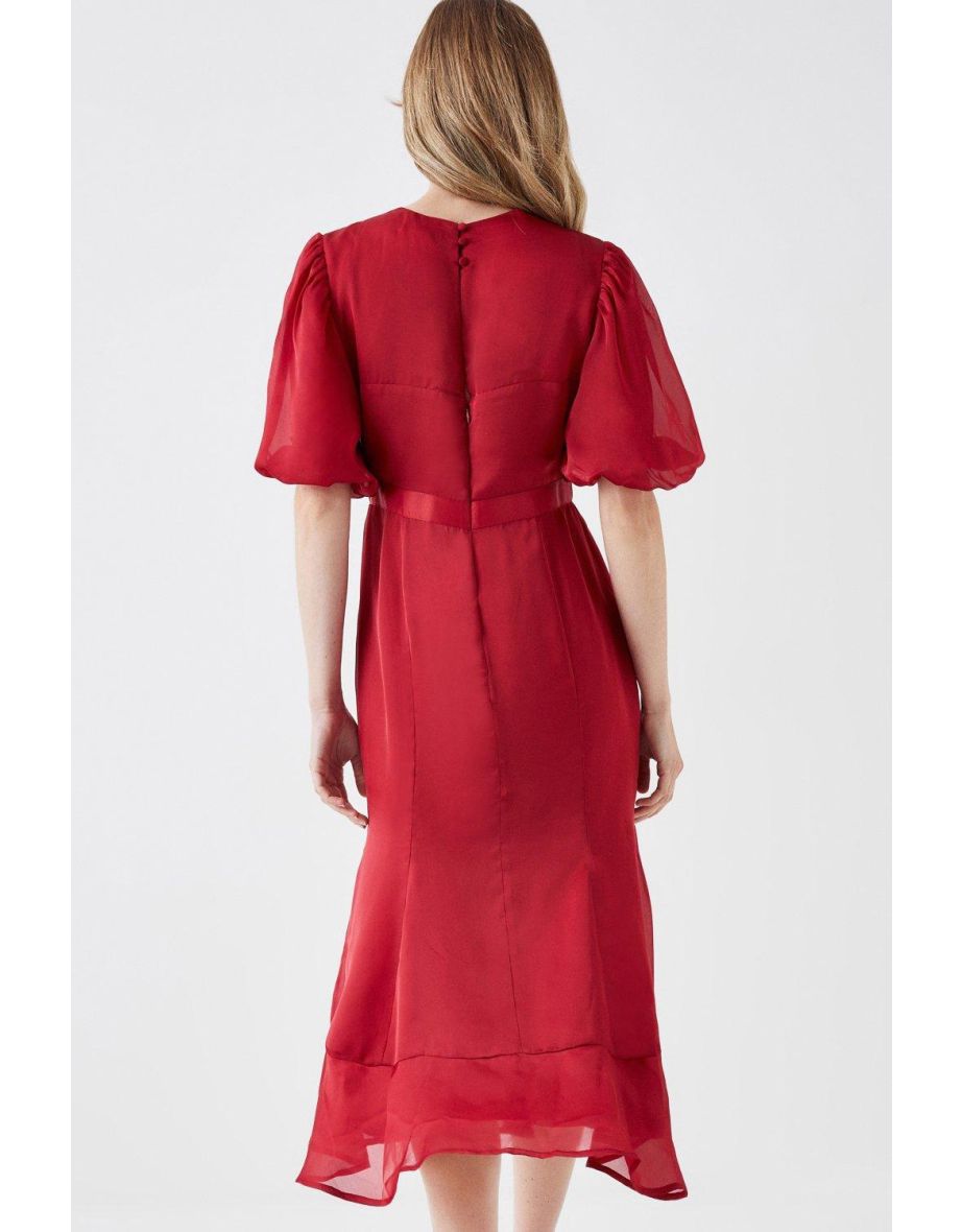 Puff Sleeve Flute Hem Midi Dress - 2