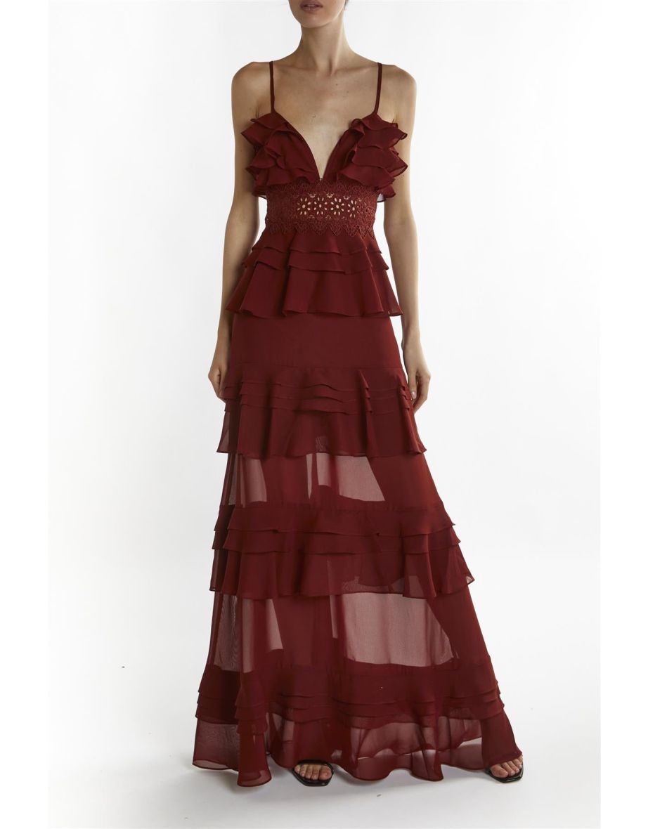 Sophia Burgundy Plunge Front Tiered Ruffle Maxi-Dress - 2