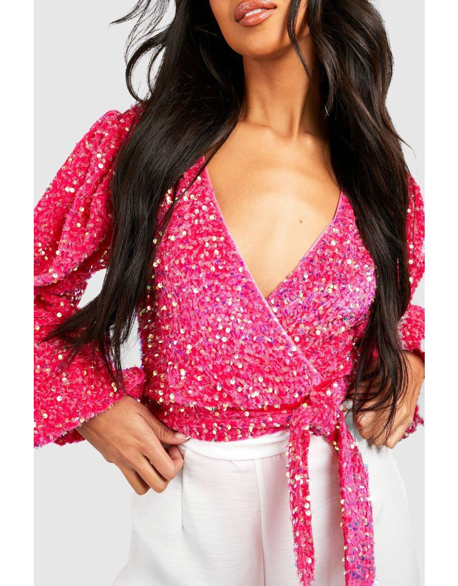 Volume Sleeve Velvet Sequin Bodysuit - pink - 3