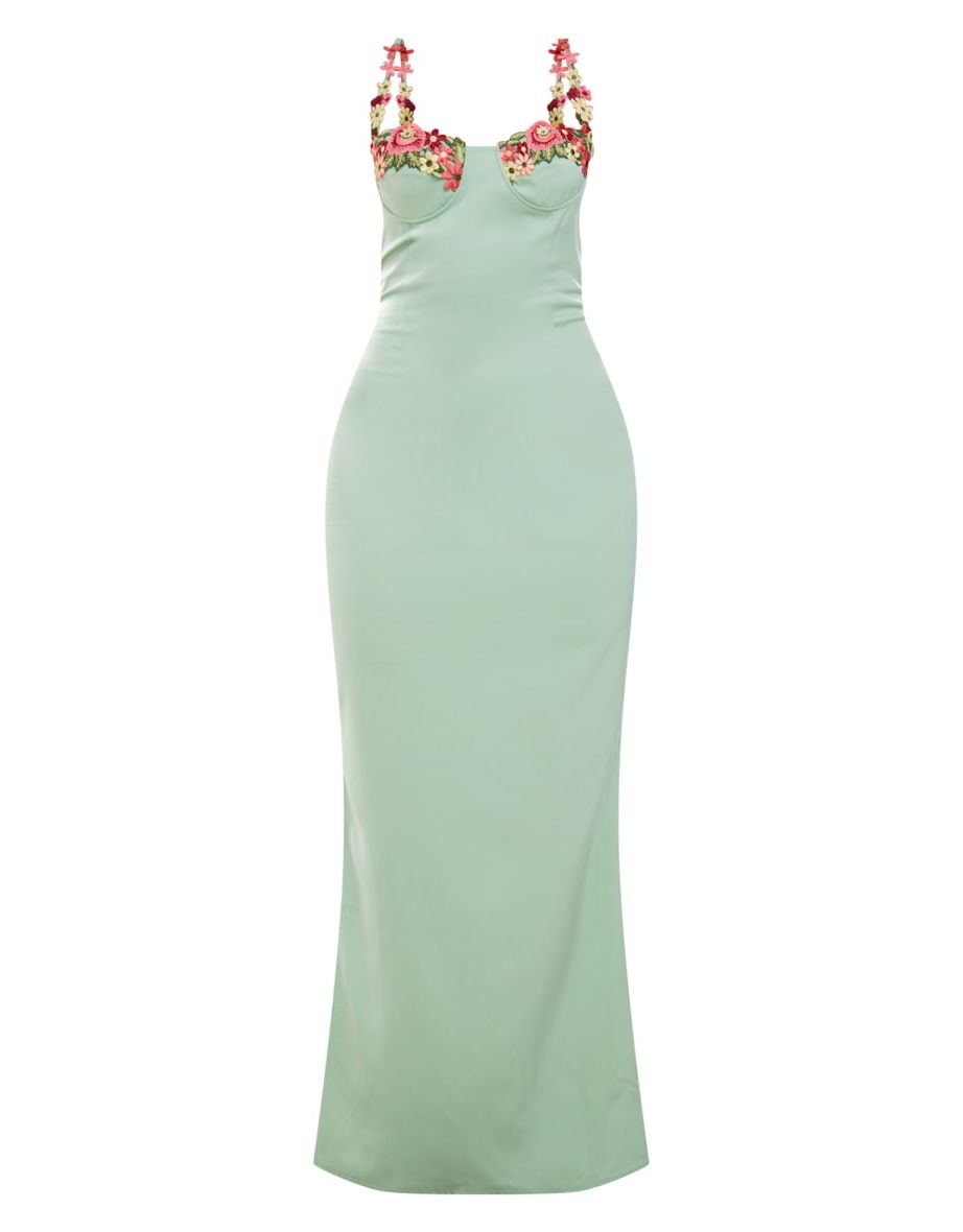 Sage Green Satin Floral Applique Underwired Strappy Maxi Dress - 4