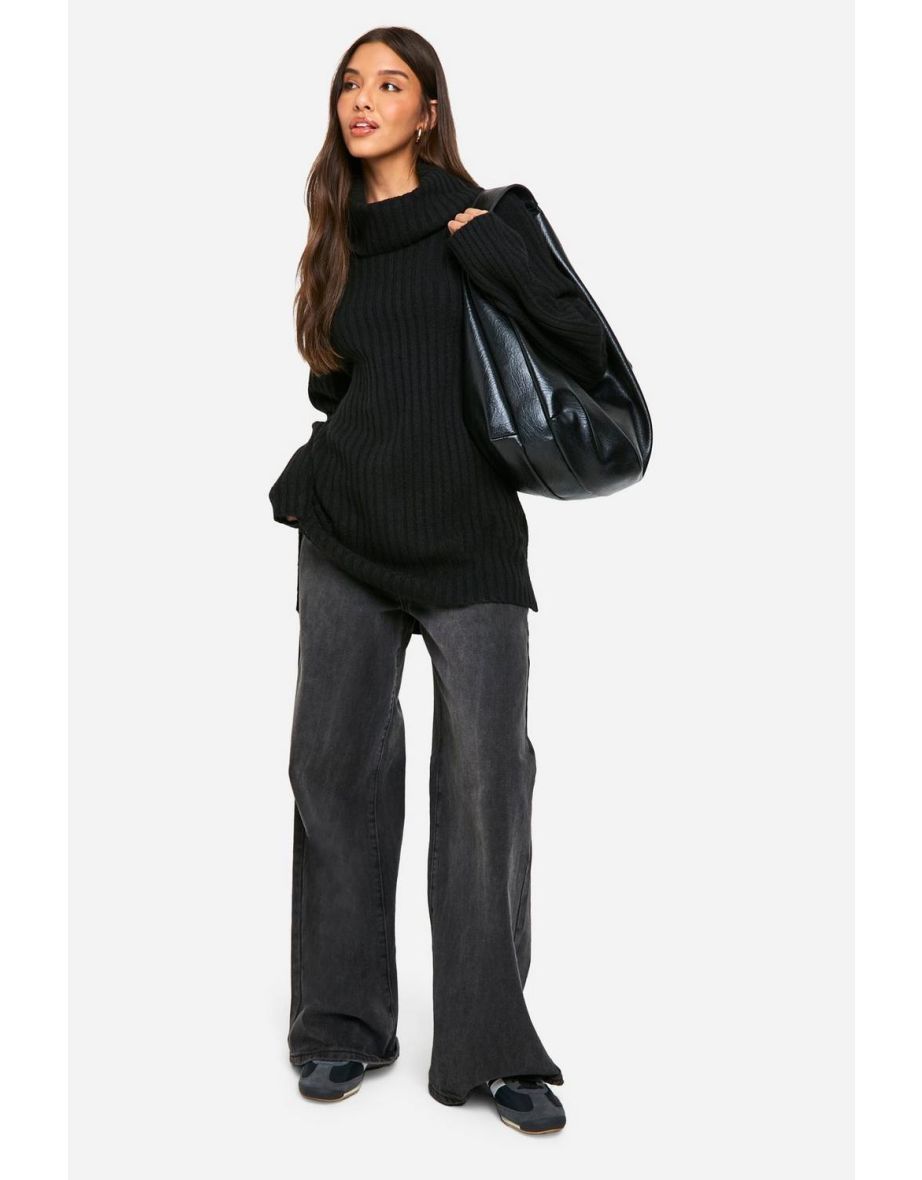 Oversized Cowl Neck Rib Knit Jumper - black