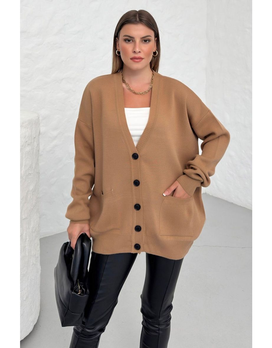 Women's Milk Coffee Long Sleeve Pocket Cardigan