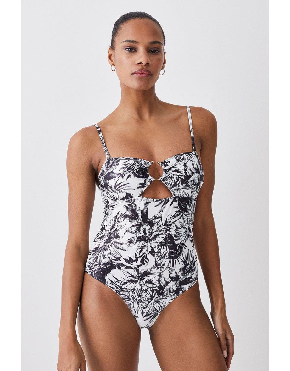 Mono Palm Print Gold Trim Cut Out Swimsuit