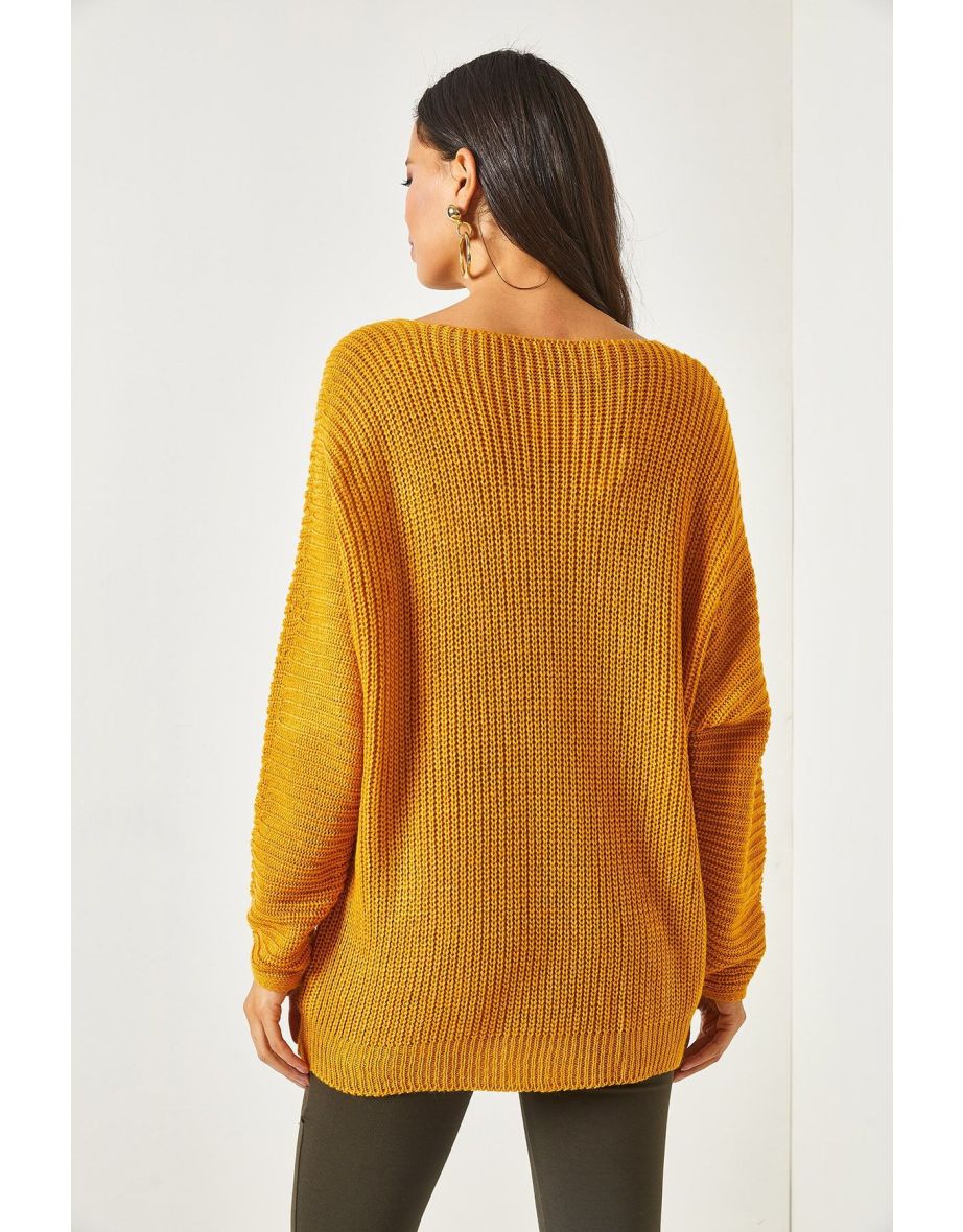 Women's Mustard V Neck Thessaloniki Knit Oversize Knitwear Tunic - 5
