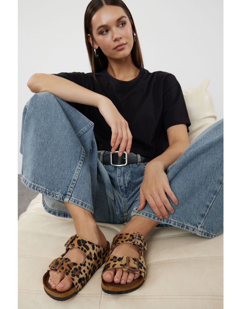 Multicolored Leopard Patterned Brown Double Buckle Women's Sliders