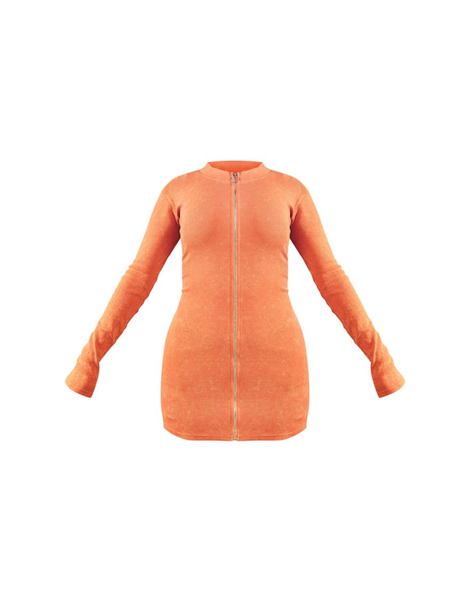 Orange Acid Wash Long Sleeve Bodycon Dress - 4