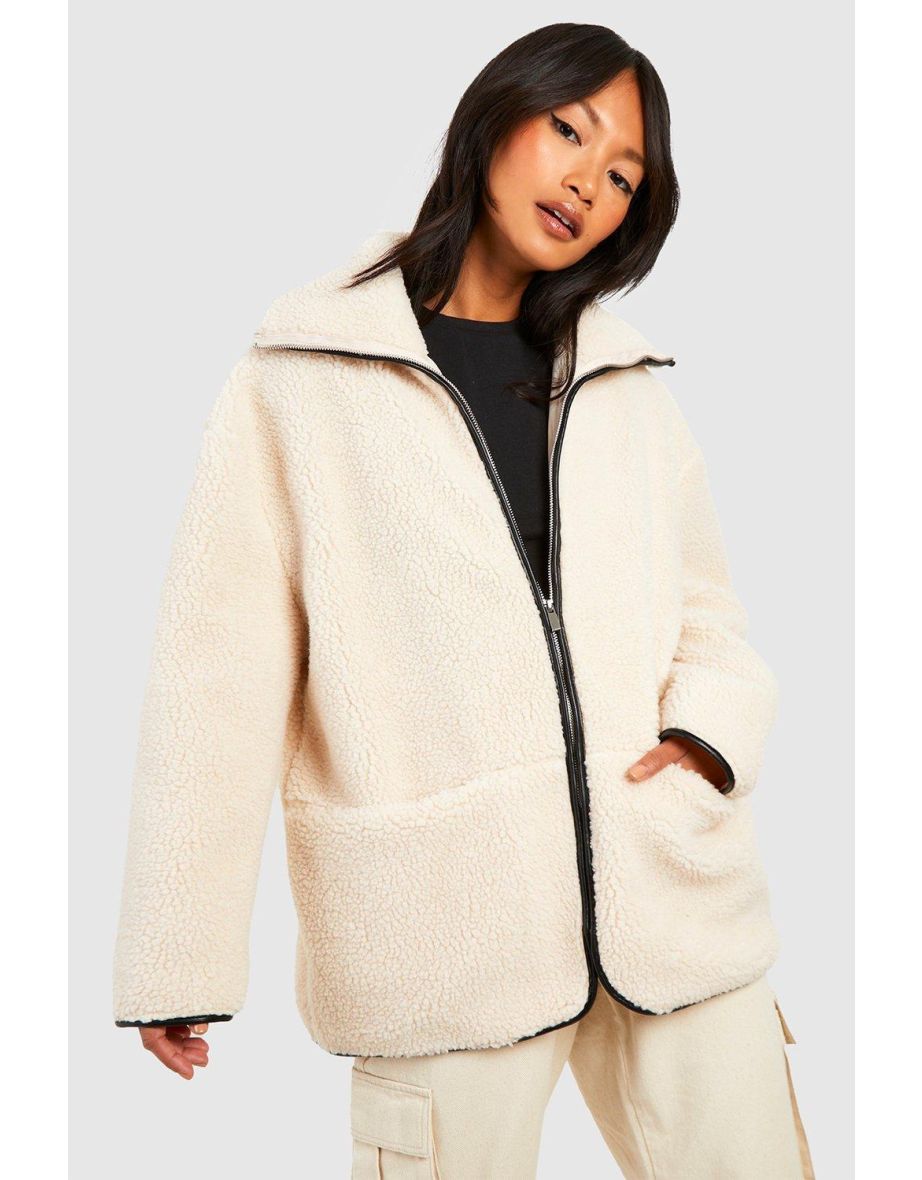 Shop Contrast Detail Funnel Neck Teddy Jacket cream Online in Bahrain VogaCloset