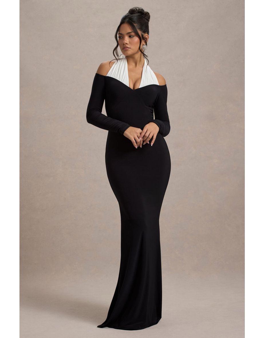 Shop Living High Black White Halter Neck Split Maxi Dress Online in Bahrain VogaCloset