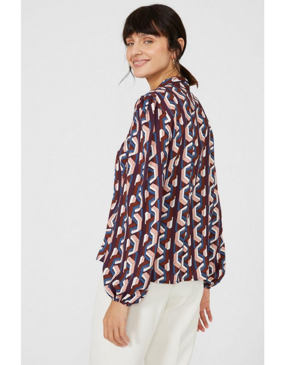 Printed Tie Neck Top - pink - 3