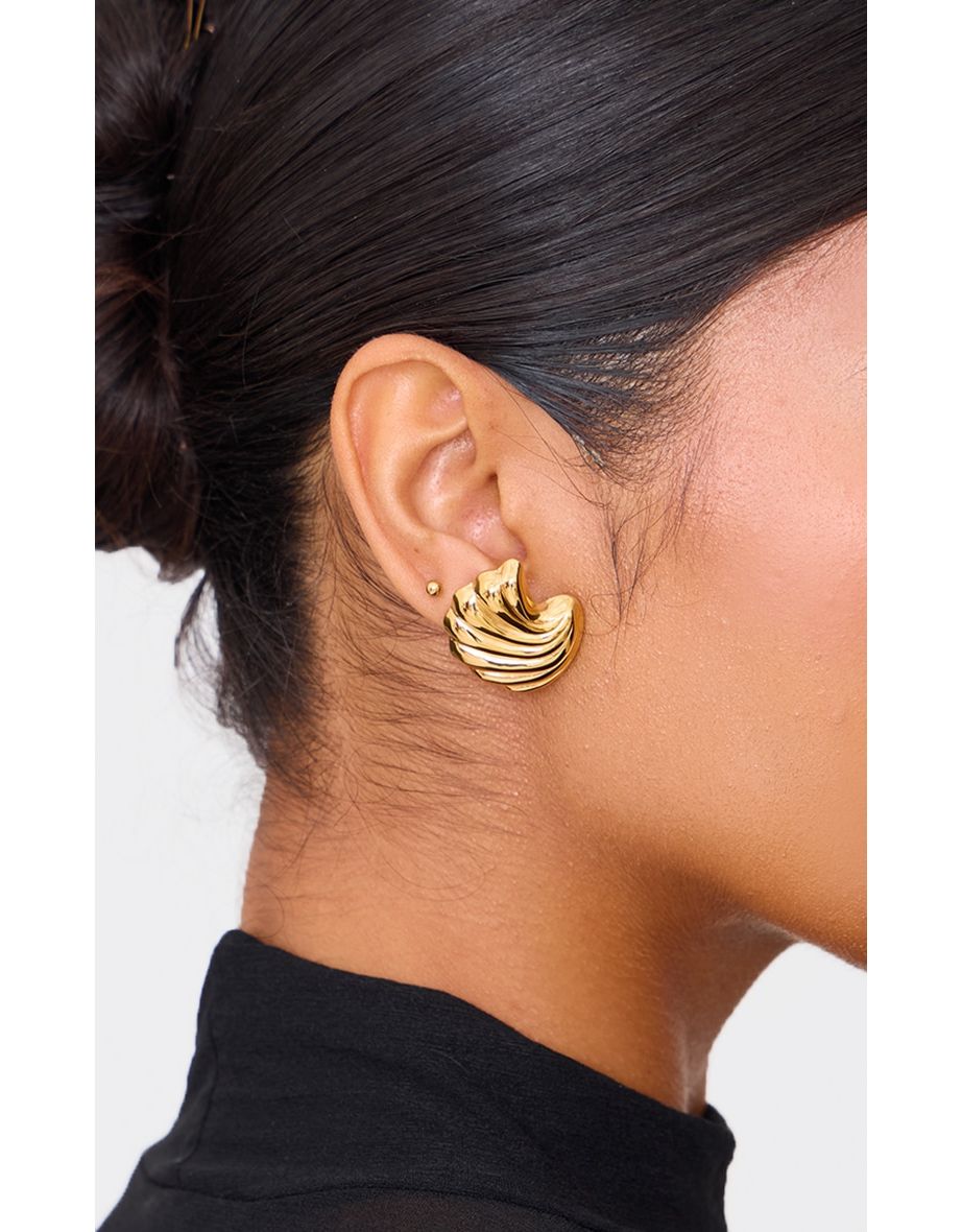 Gold Water Resistant Ridge Flare Stud Earrings