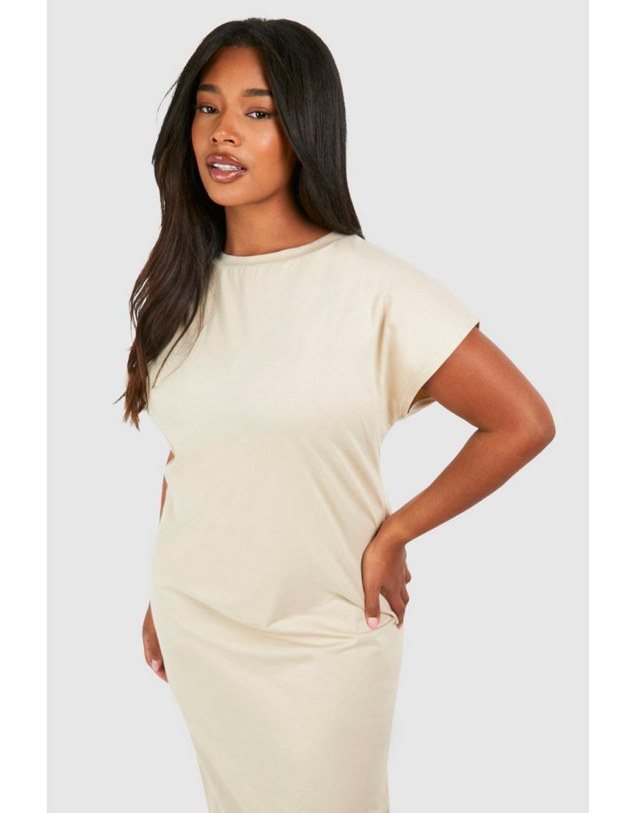 Plus Cotton Elastane Cap Sleeve T-shirt Dress - light stone - 3
