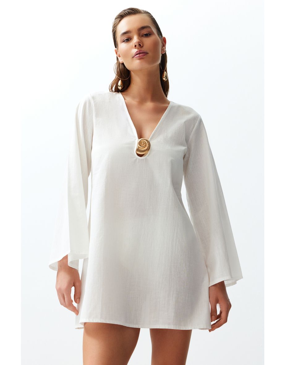 White Mini 100% Cotton Beach Dress with Woven Accessories