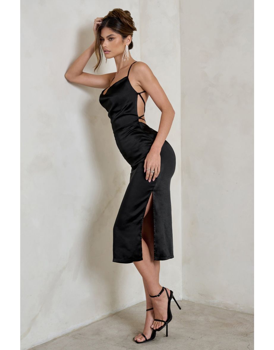Aja | Black Cowl Cami Midi Dress With Waist Tie - 4