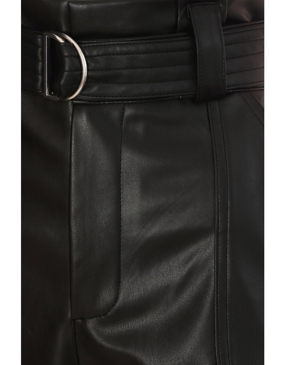 Black Faux Leather Belted Shorts - 5
