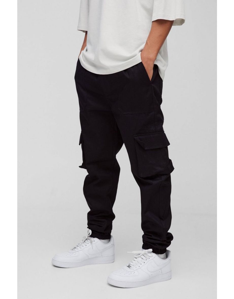 Skinny Fit Elasticated Waist Cuffed Cargo Trousers - black