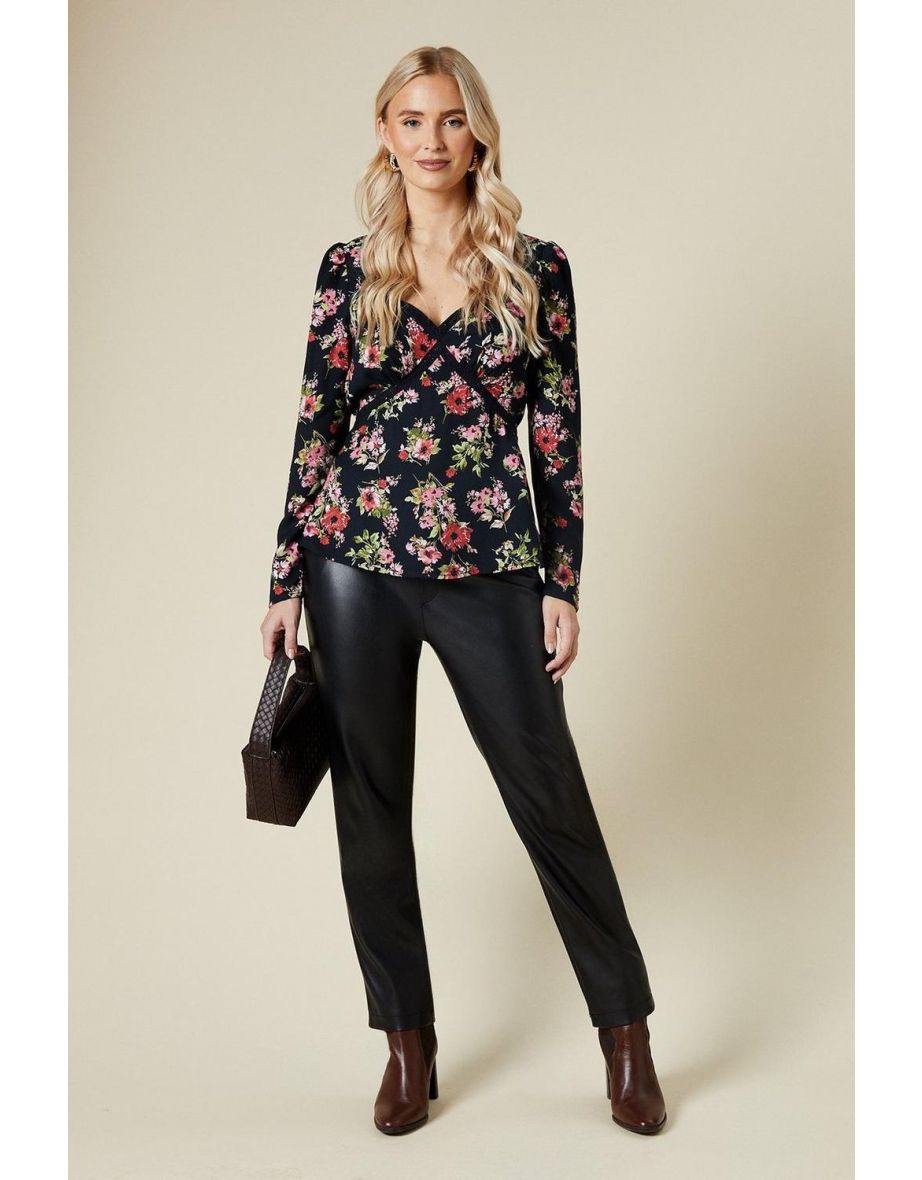 black ditsy floral lace front long sleeve blouse