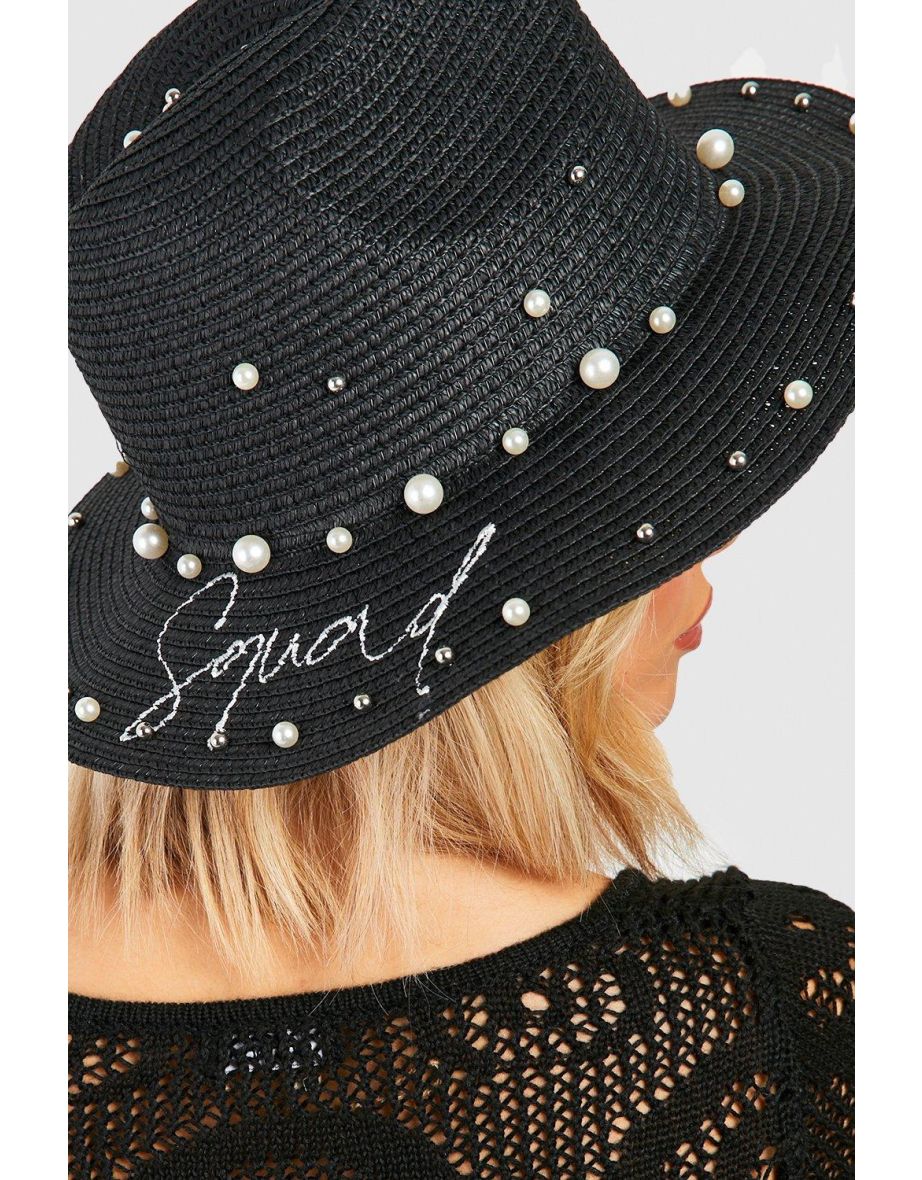 Bride Squad Pearl Shell Sun Hat - black
