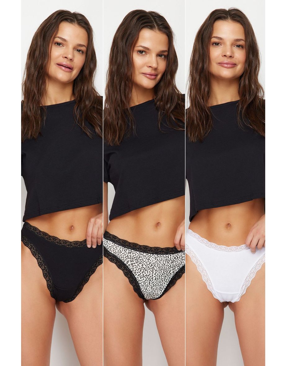 3-Pack Black-Multicolor Cotton Lace Detail Thong Knitted Briefs