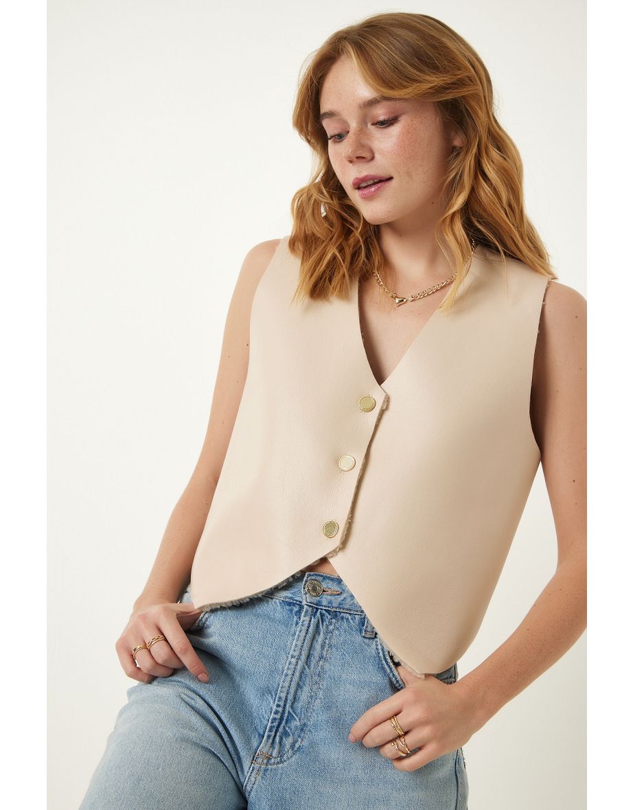 Women's Cream Fleece Faux Leather Vest