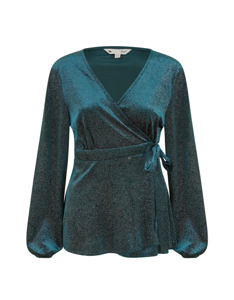Yumi Green Sparkle Velvet Wrap Top With Long Sleeves - 6
