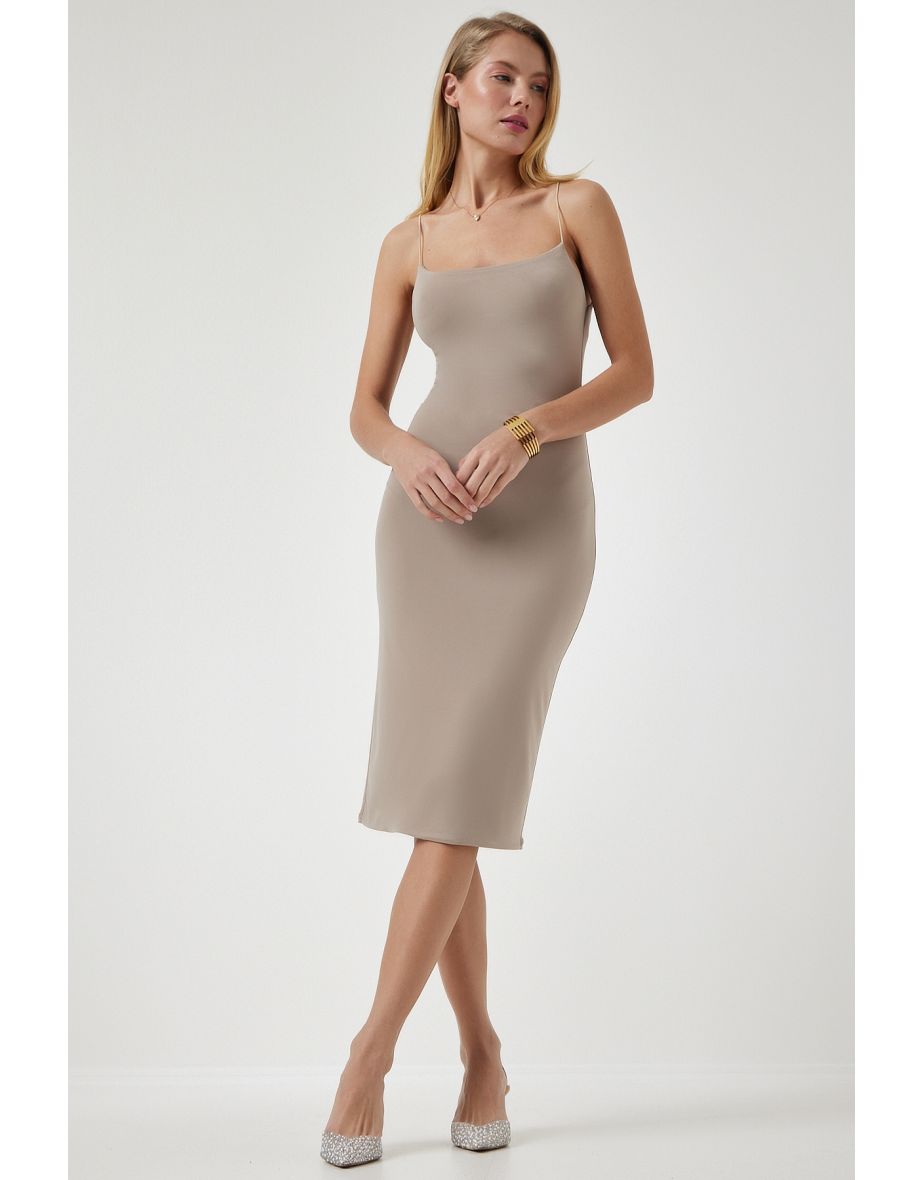 Women's Dark Beige Strappy Jersey Knitted Dress
