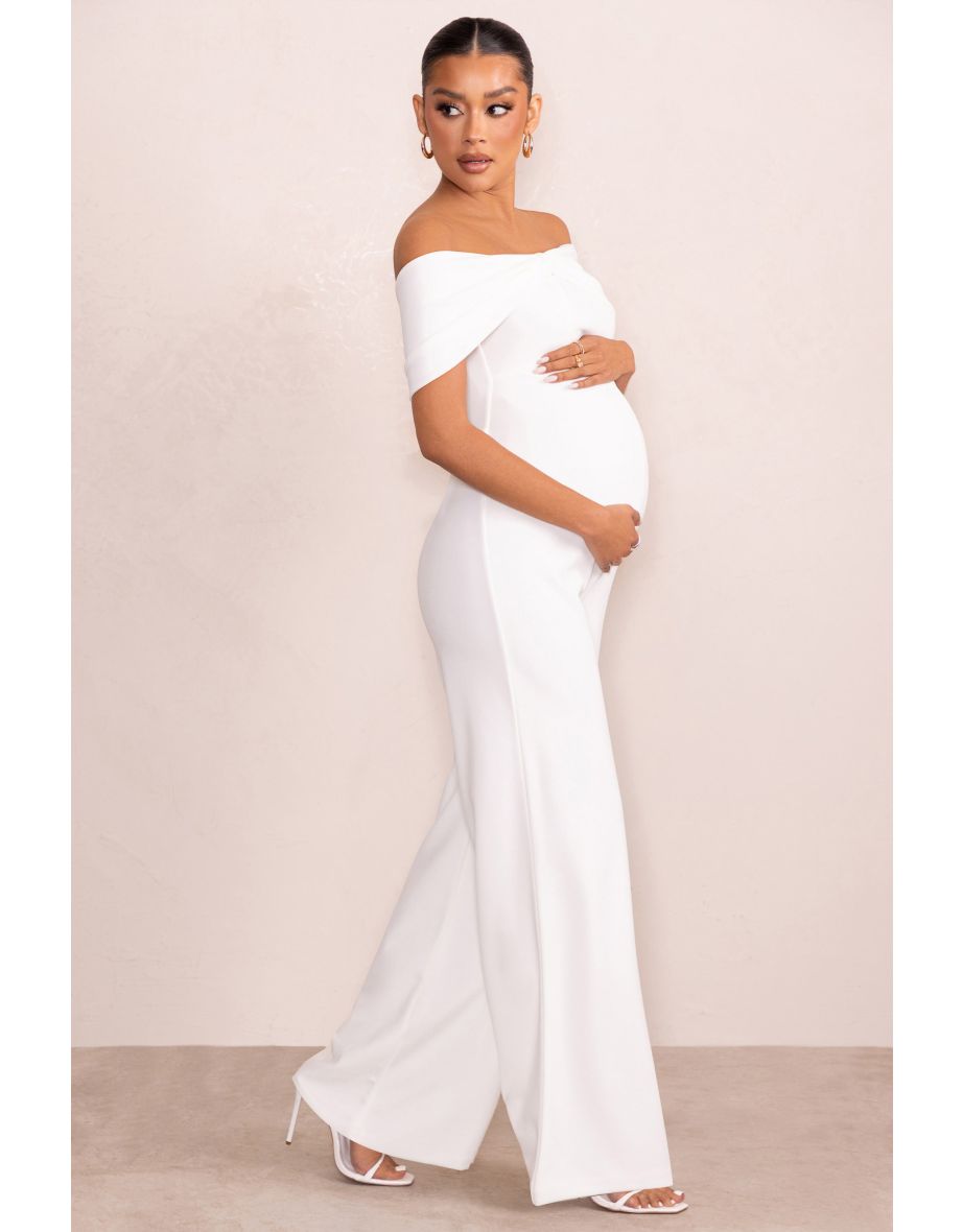 Meave | White Bardot Bow Maternity Jumpsuit - 4