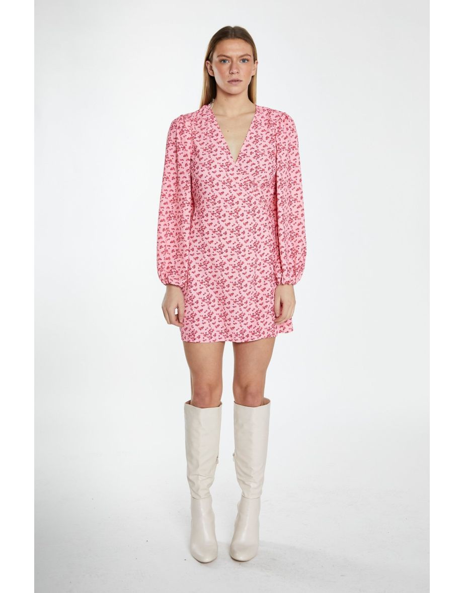 Raspberry Ditsy V-Neck Wrap Mini Dress