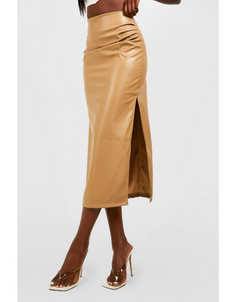 Pleat Detail Leather Look Midaxi Skirt - stone - 3