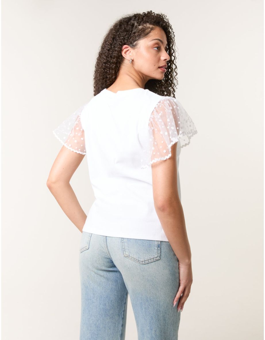 Polka Dot Mesh Sleeve T-shirt - 4