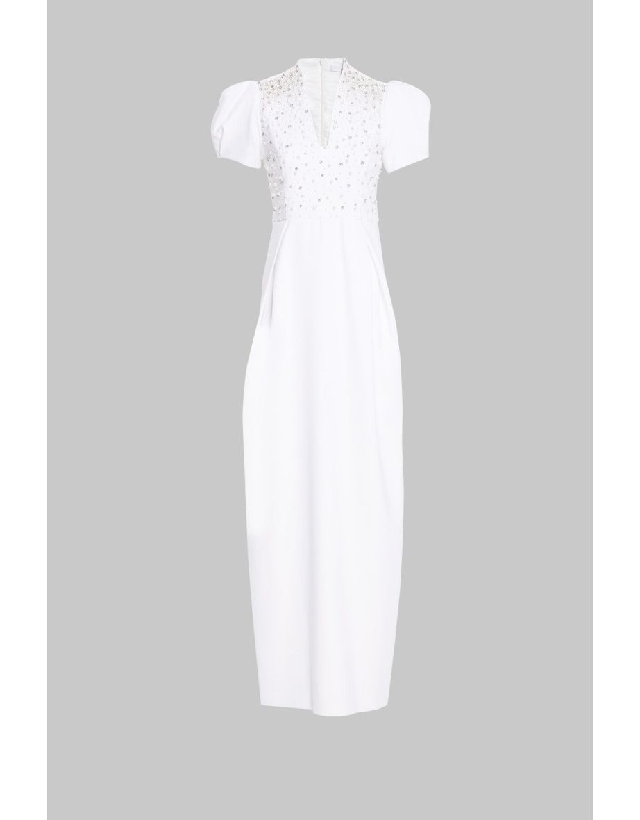 V Neck Stone Pearl Embroidered Long Ecru Evening Dress
