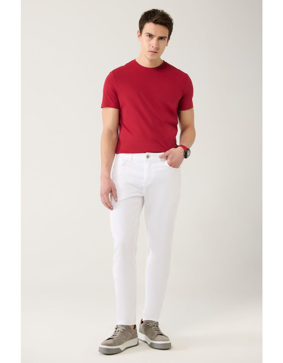 Men's White Dobby Flexible 5-Pocket Slim Fit Slim Fit Canvas Trousers