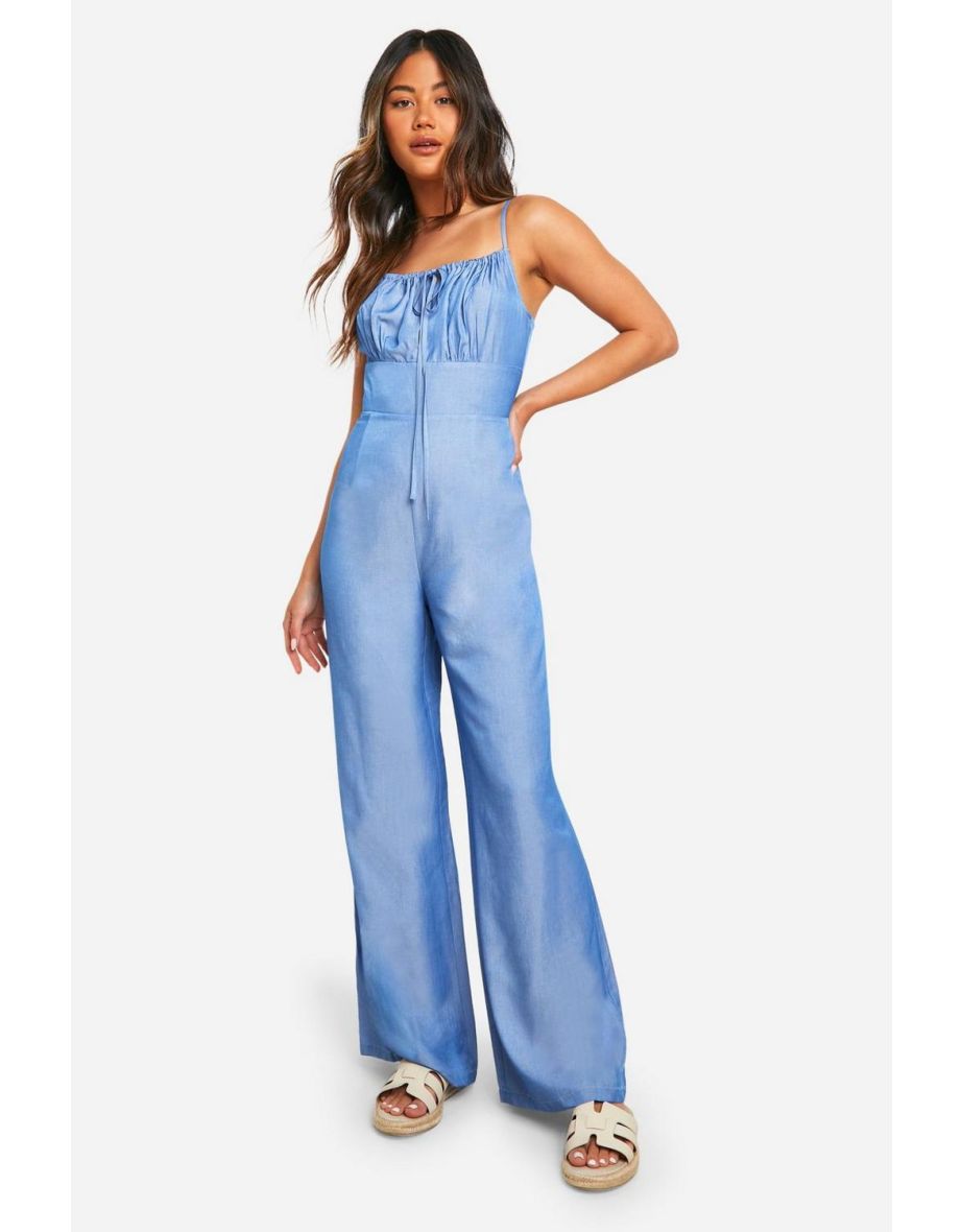 Chambray Keyhole Detail Wide Leg Jumpsuit - mid blue