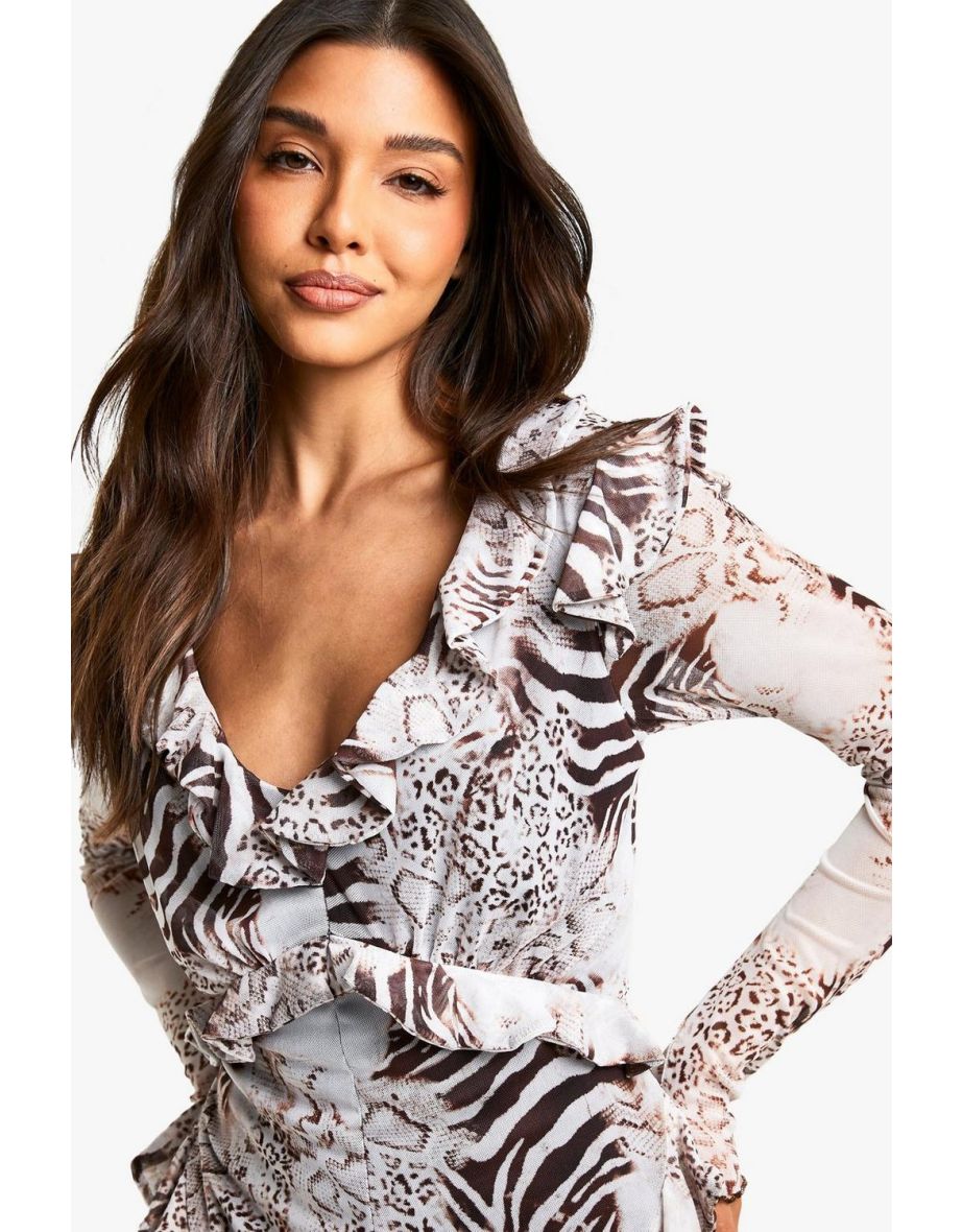 Blurred Animal Ruffle Mesh Mini Dress - 3