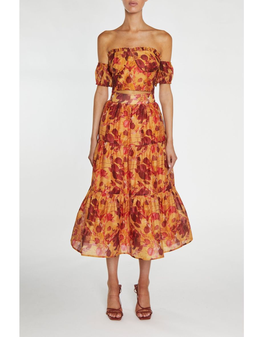 Phoebe Co-Ord Golden Leaf Print Bardot Crop-Top